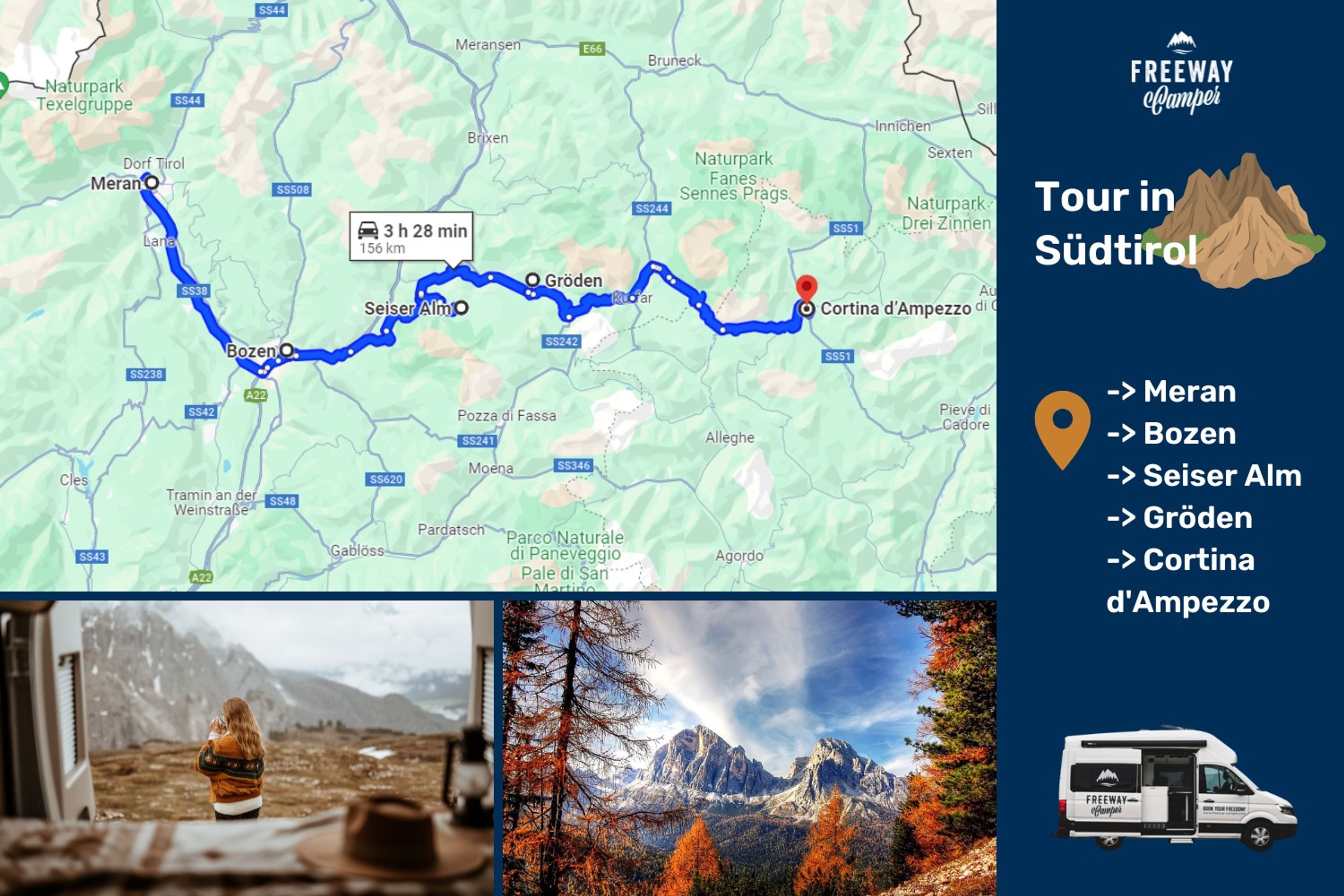 5 Tages Tour in den Dolomiten in Südtirol durch Meran, Bozen, Seiser Alm, Gröden, Cortina d'Ampezzo