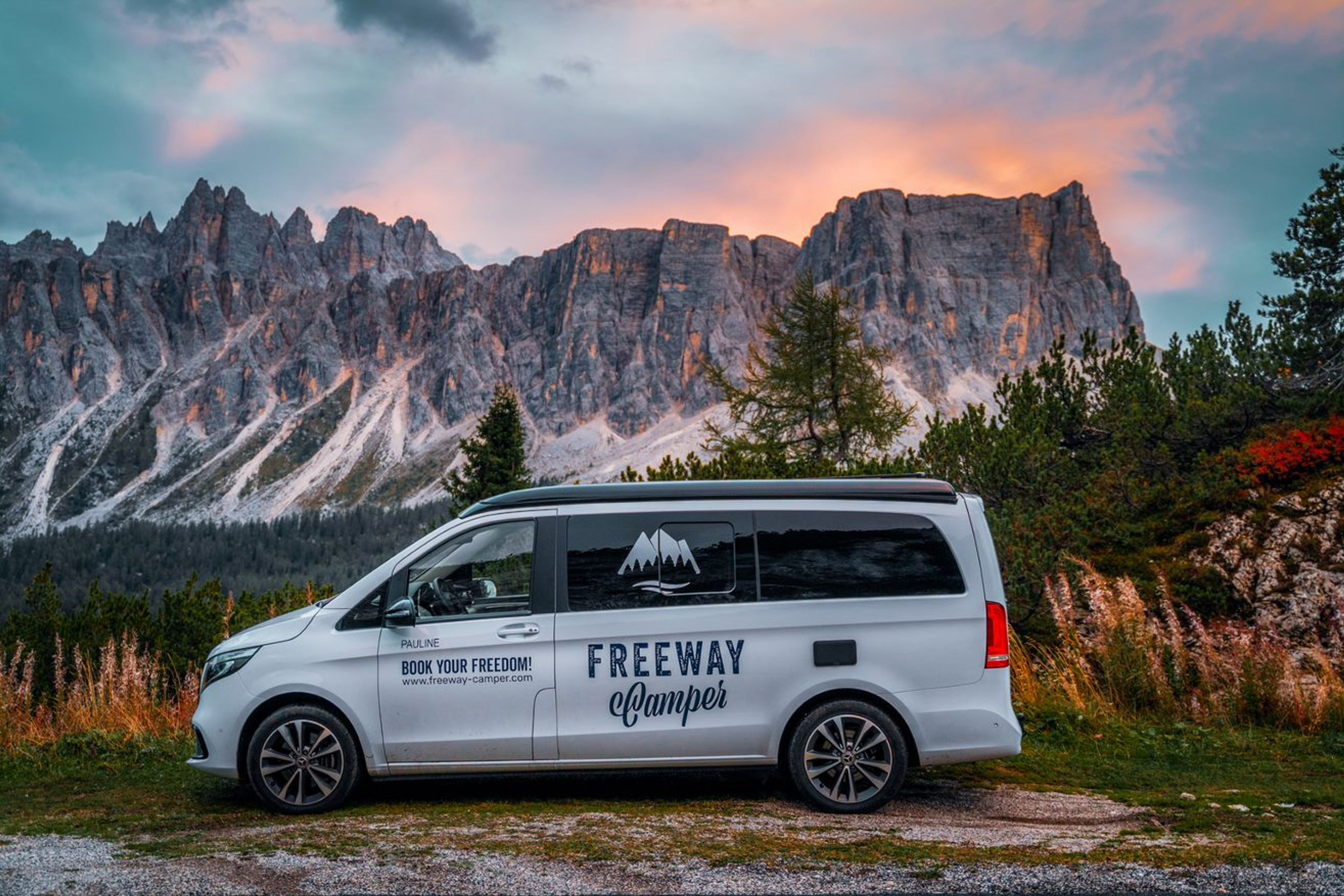 Mercedes Marco Polo at sunset against a wintry mountain backdrop
