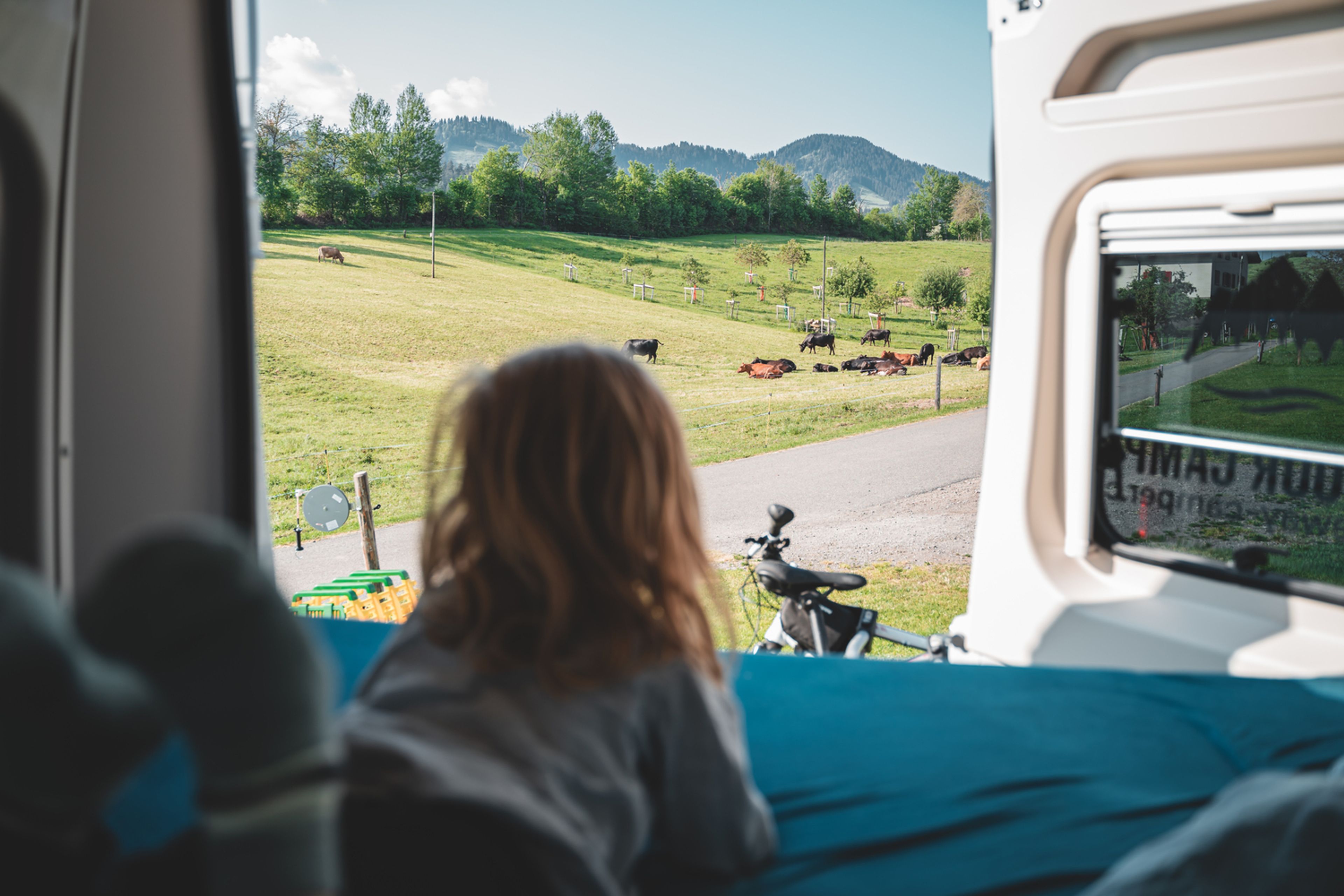 bambina guarda fuori dal letto del camper le montagne con le mucche al pascolo