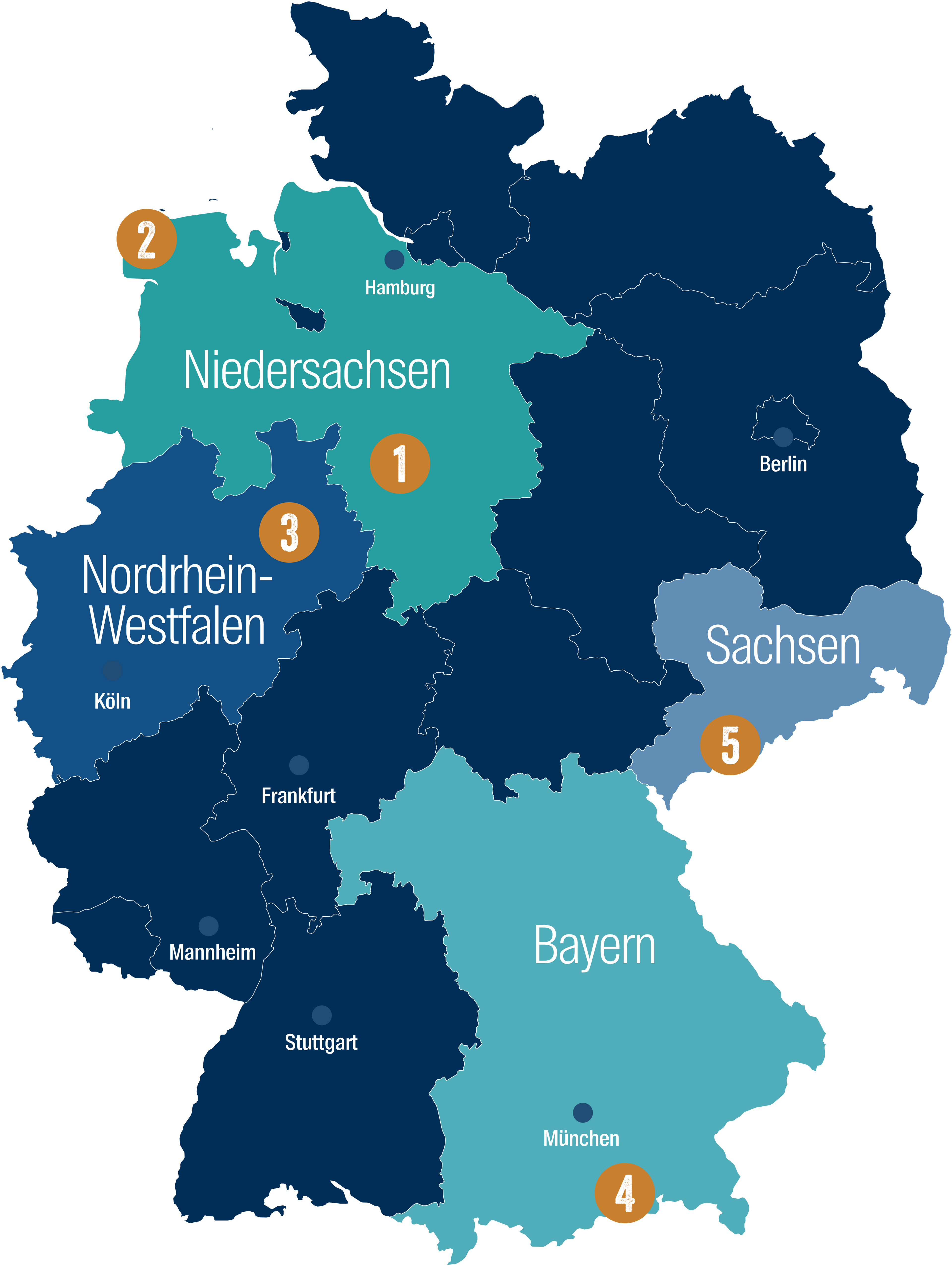 Deutschland Karte mit Bundesländern und den besten 5 Stellplätzen für den Winter