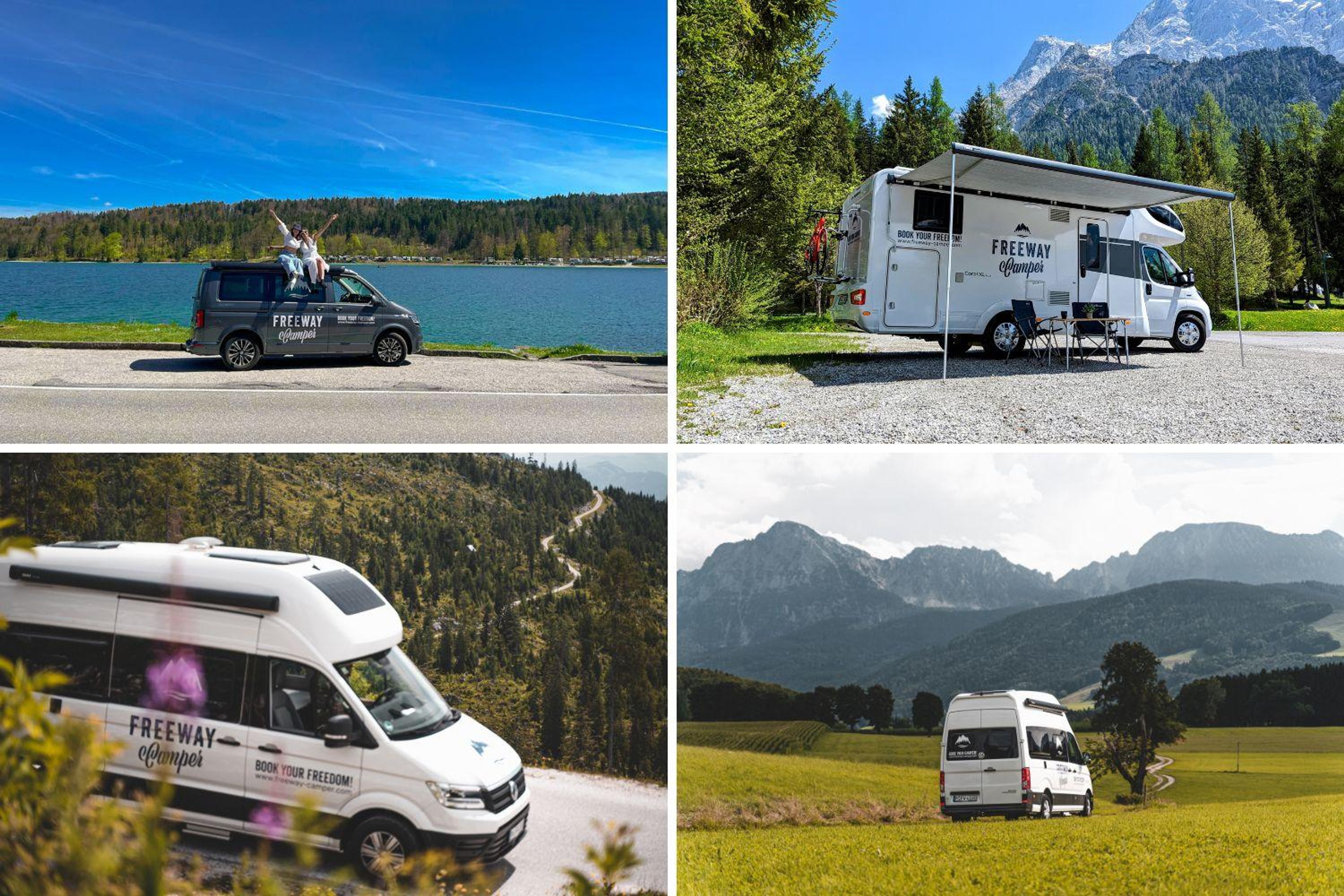 Collage dei nostri camper in Austria: VW Bulli (in alto a sinistra), RV - Class C 700 (in alto a destra), VW Grand California (in basso a sinistra-destra)