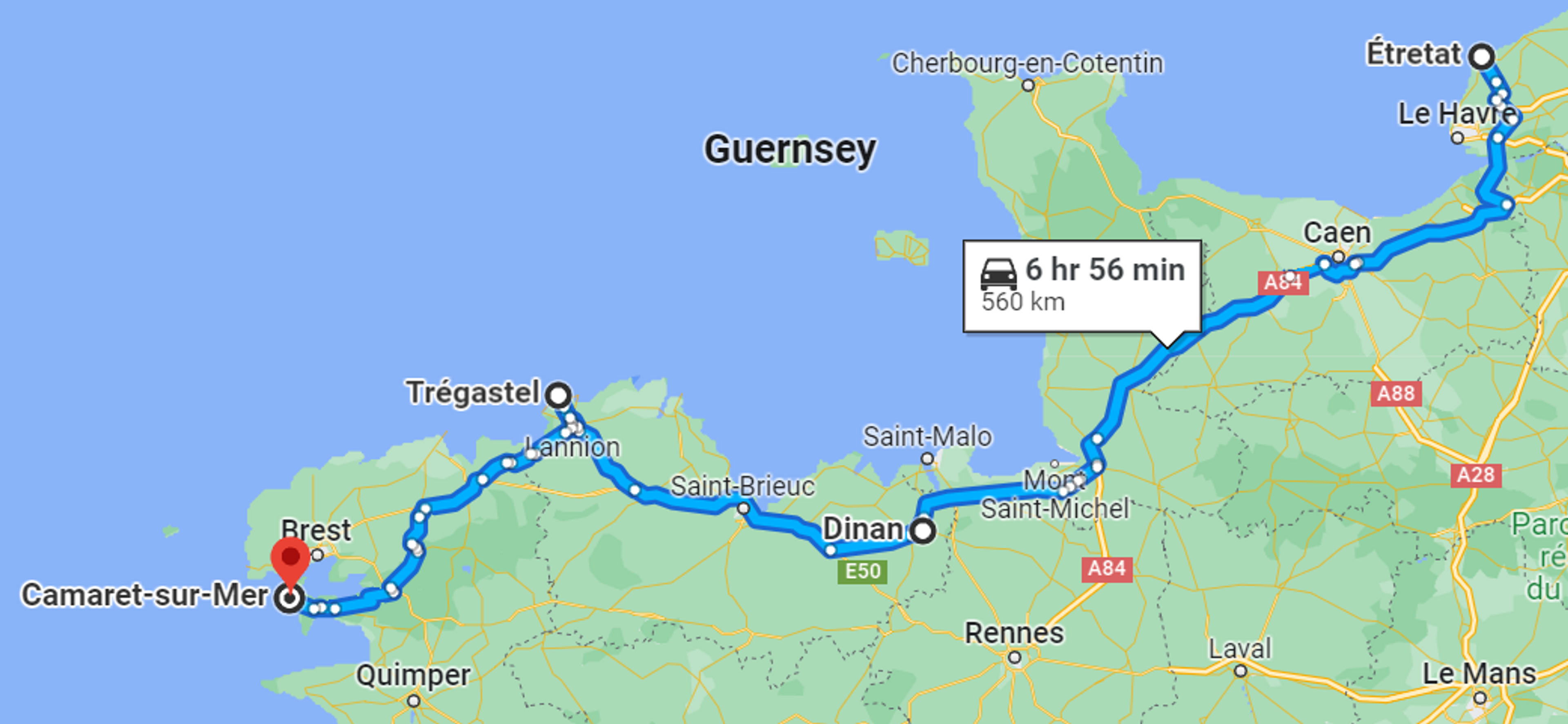 Kartenübersicht der Normandietour entlang des Ärmelkanals von Etretat bis Camaret sur Mer.