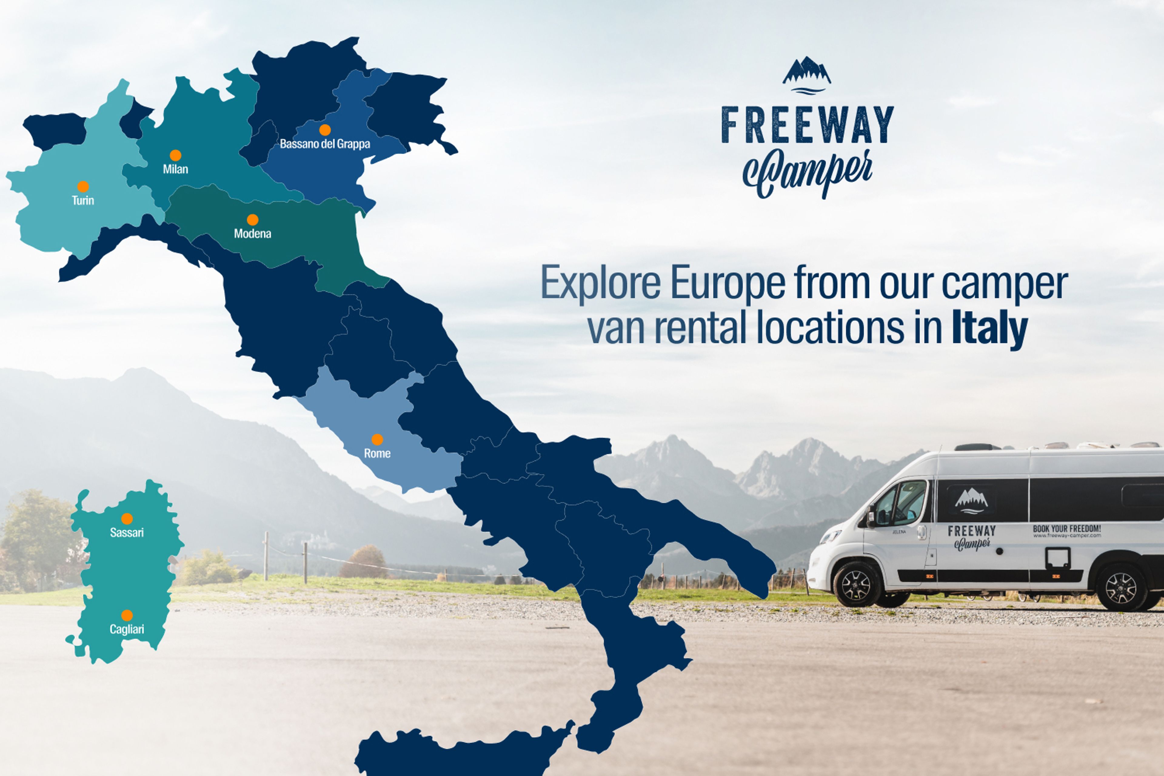 FreewayCamper's locations in Italy: Milan, Modena, Turin, Sassari (Sardinia), Bassano Del Grappa for campervan and motorhome hire