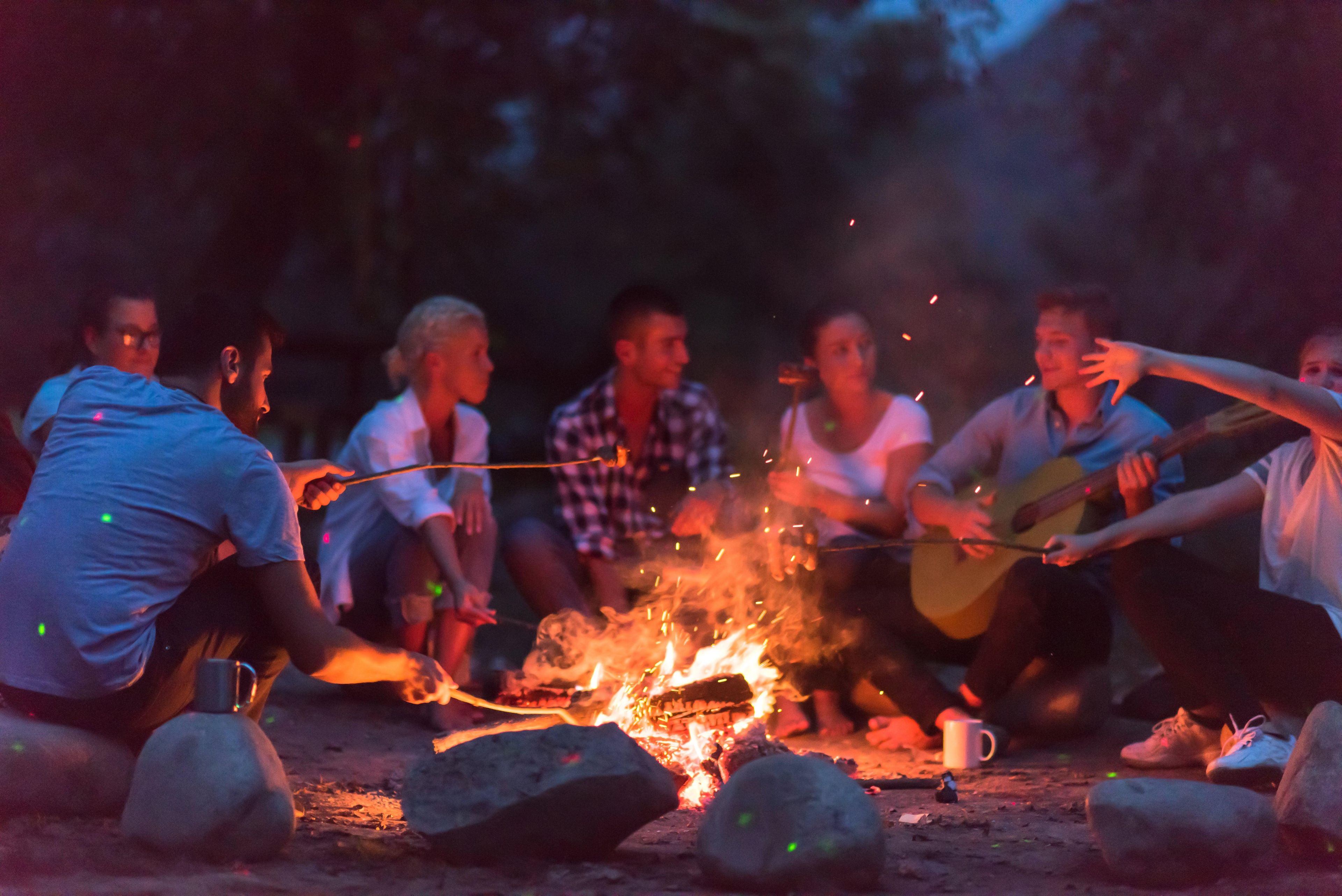 A group of young people sit around a campfire, grilling marshmallows and listening to guitar music.