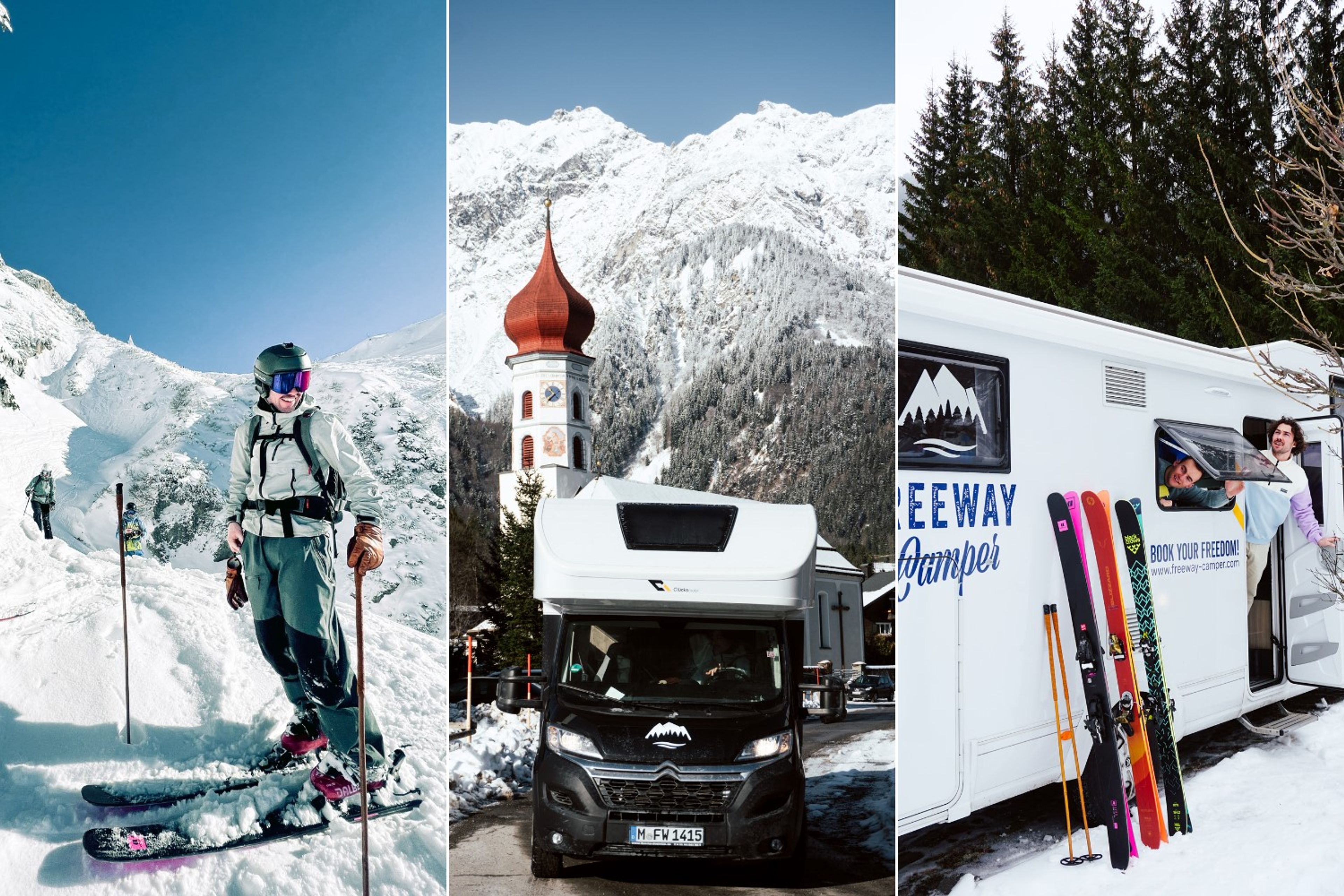 Wintercamping mit dem Wohnmobil und Skiern im verschneiten Gebirge, Bayern